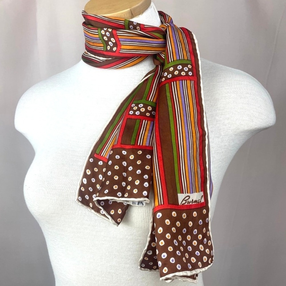 Vintage BURMEL Rectangle 13x46 Neck Scarf Mod Silk‎ Graphic 60s Brown Stripe Dot - Picture 2 of 7